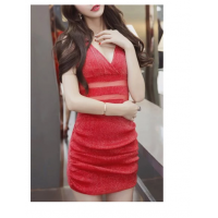 Alluring Plunging Neck Sleeveless Women's Pleated Bodycon Dress - Red